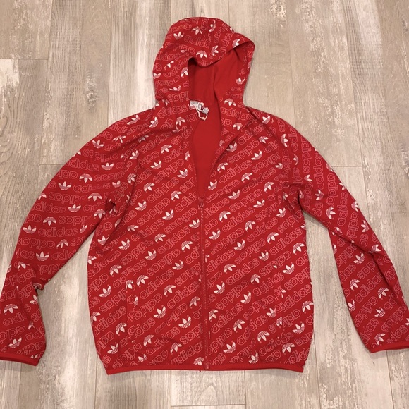 Adidas Logo Red Windbreaker Jacket Youth Size 13-14 Y - Picture 1 of 7